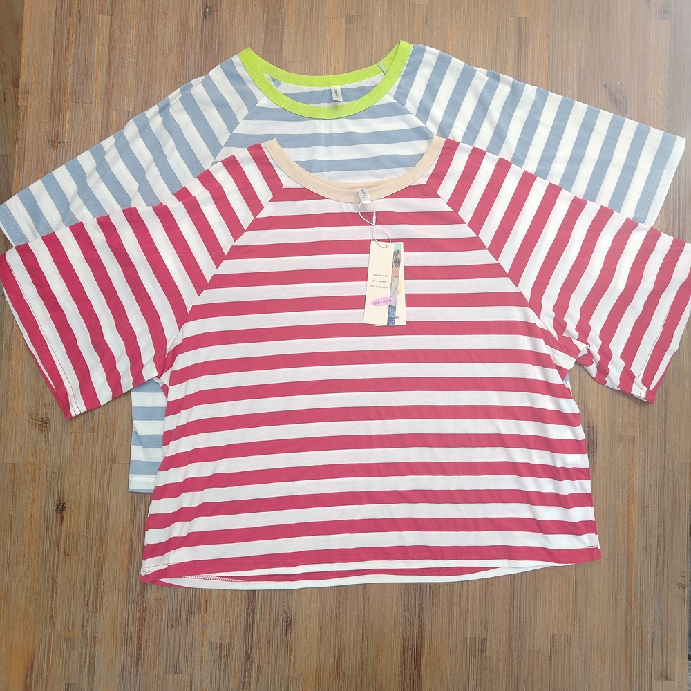 2 Striped Cropped Top Women Size XL Lime/Tan Collar, Red and Blue Stripes